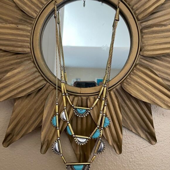 Gold Tone Turquoise Three Tiered Necklace - Picture 4 of 13
